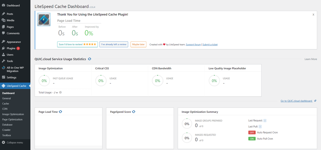 Tableau de bord du cache Litespeed sur wordpress