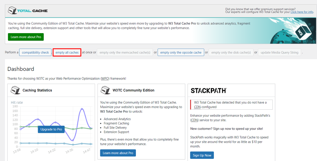 vider tous les caches avec total cache wordpress