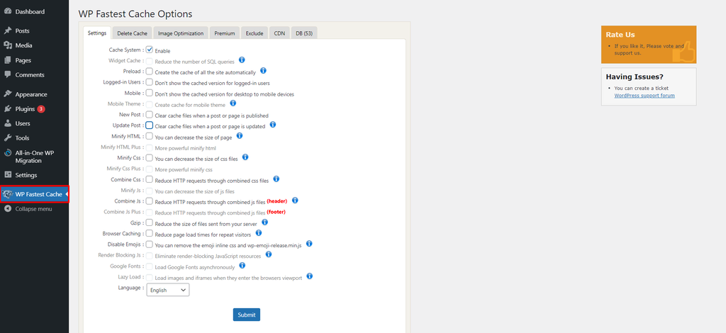 Page d'options de WP Fastest Cache dans le tableau de bord de wordpress