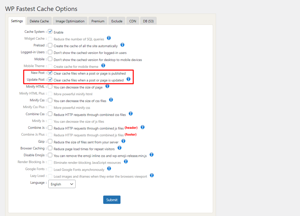 Options de WP Fastest Cache