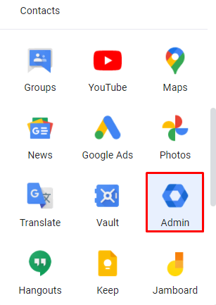 Capture d'écran illustrant le bouton Admin dans Google Workspace