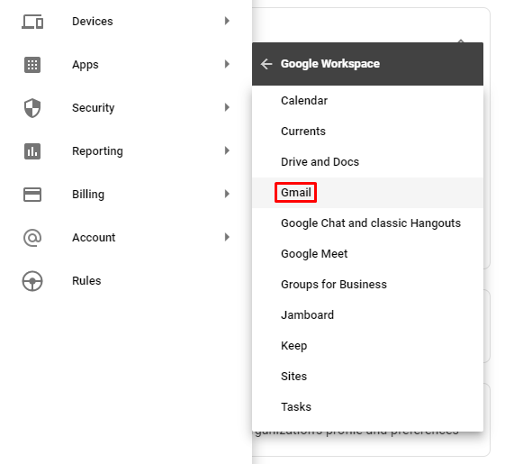 Capture d'écran présentant le bouton gmail dans l'espace de travail Google