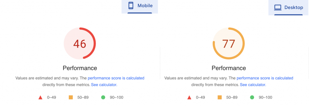 Classement Google PageSpeed Insights des versions mobile et desktop du site web de test avant la mise en place de LiteSpeed Cache