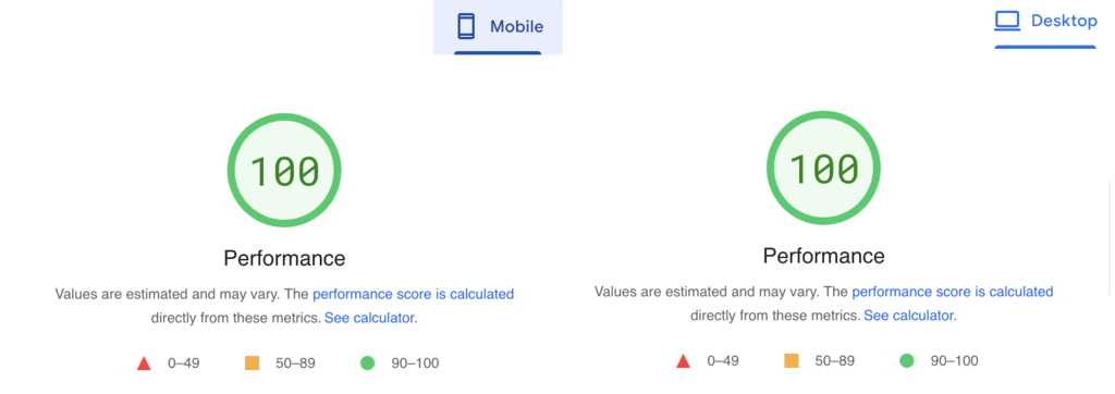 Classement par Google PageSpeed Insights des versions mobile et de bureau du site test avant la mise en place de LiteSpeed Cache