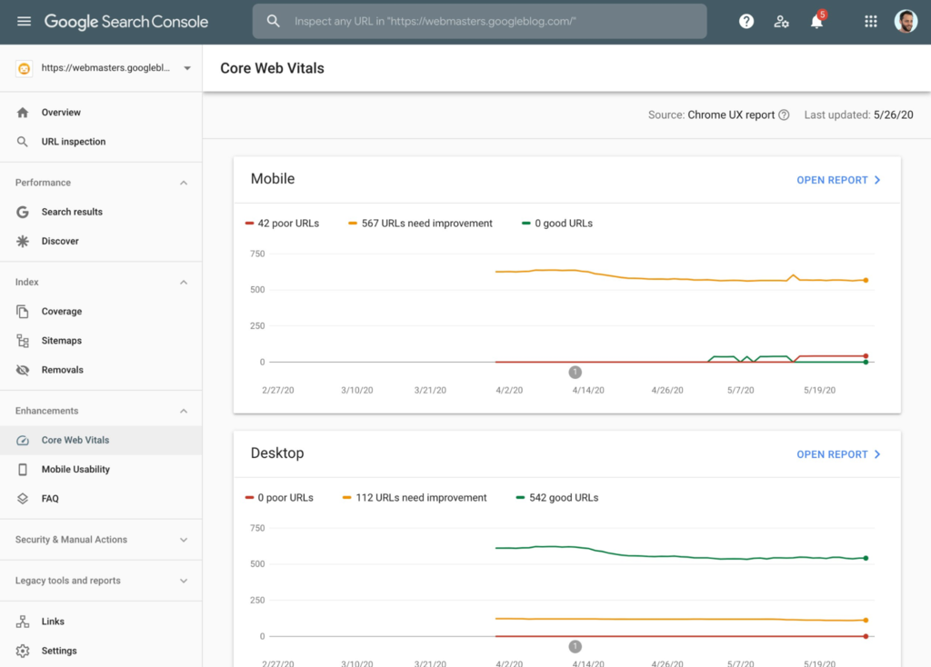 Rapport Core Web Vitals sur Google Search Console