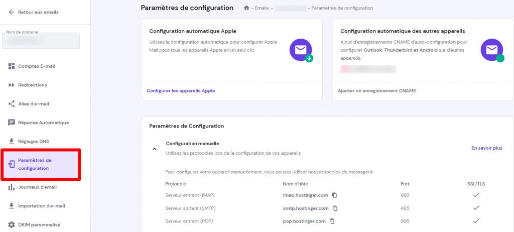 La page des paramètres de configuration dans hPanel