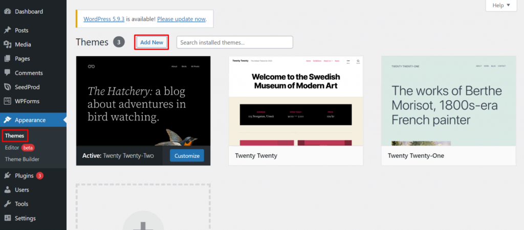 Le menu des thèmes du tableau de bord de WordPress, utilisé pour ajouter un nouveau thème à votre site.