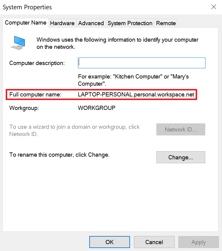 Capture d'écran montrant où trouver le FQDN de l'ordinateur 