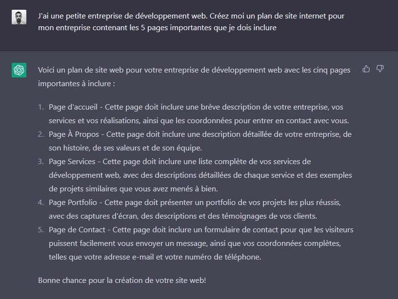 Un plan de site généré par ChatGPT