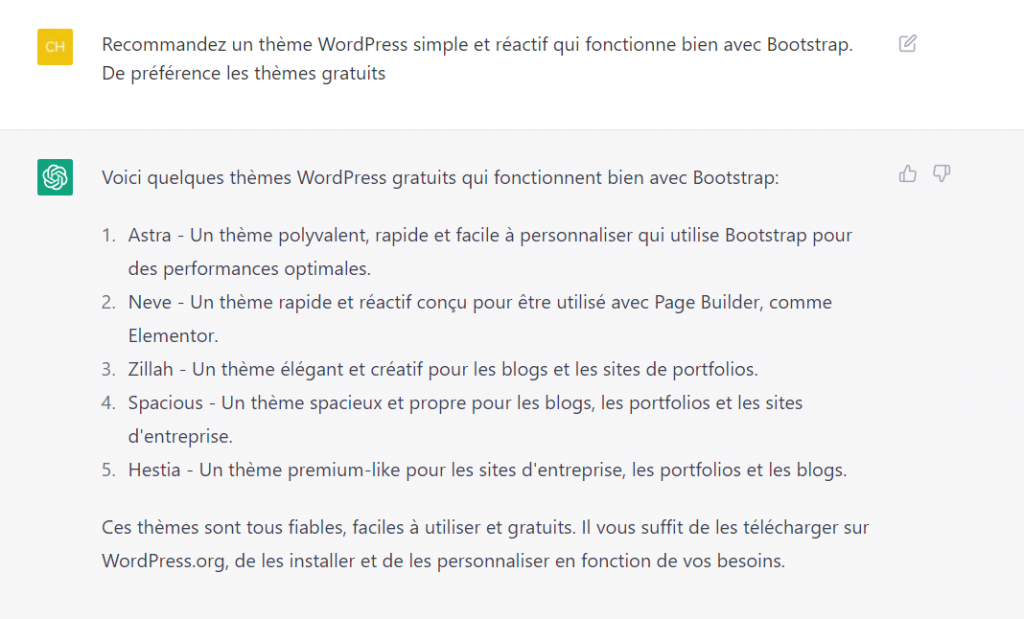 Recommandations de thèmes WordPress de ChatGPT