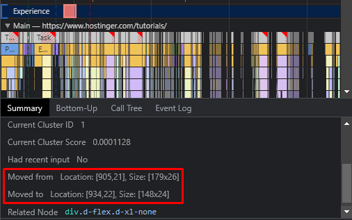 Outils du développeur montrant la distance parcourue durant les layout shifts.