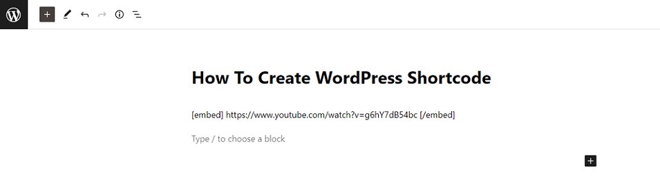 Exemple d'un shortcode utilisé pour intégrer une vidéo YouTube dans un article WordPress.