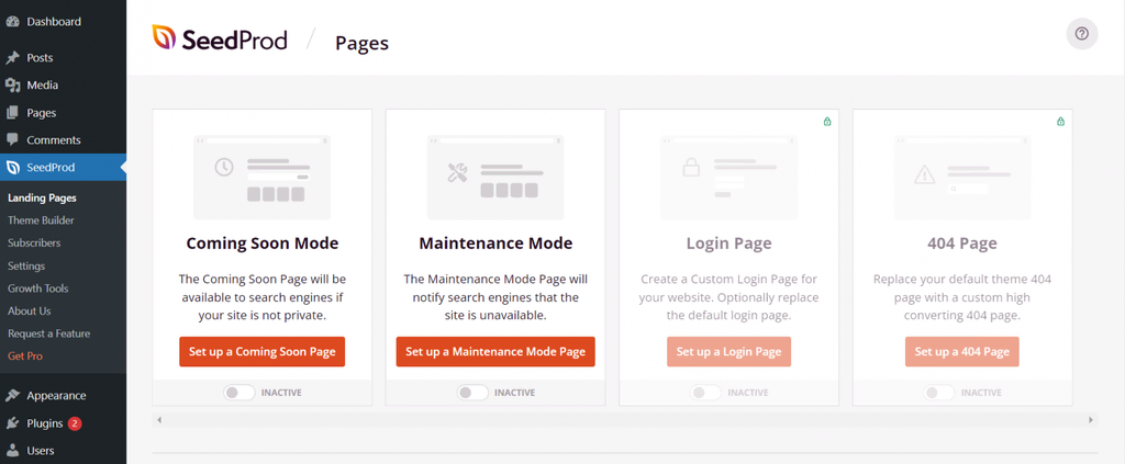 Tableau de bord SeedProd dans WordPress qui propose différentes types de landing pages, dont la page coming soon