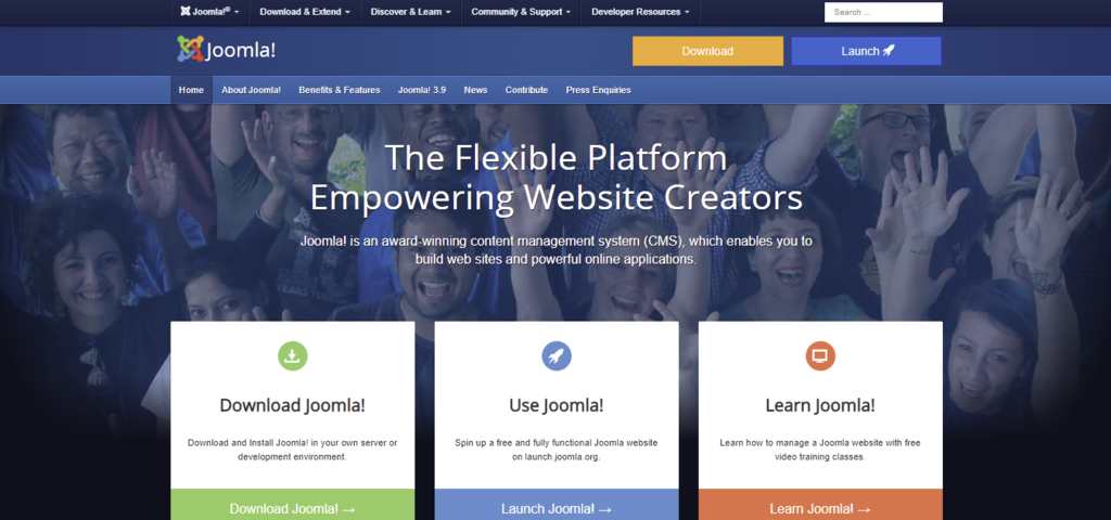 Page d'accueil de Joomla présentant sa plate-forme flexible pour les créateurs de sites web