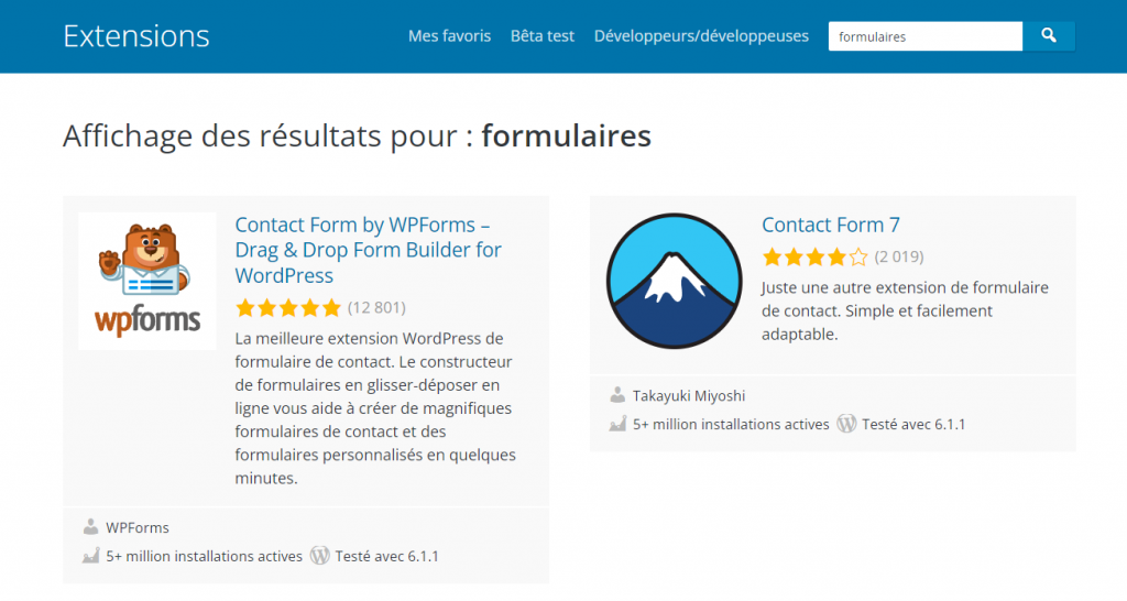 résultats de recherche dans le répertoire de plugins wordpress