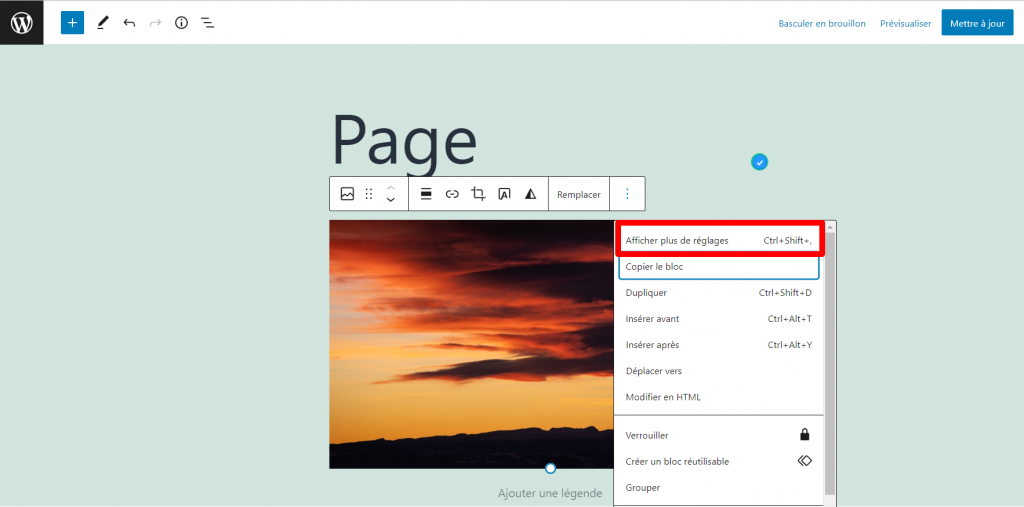 Option afficher plus de réglages sur le bloc d'images de WordPress Gutenberg 