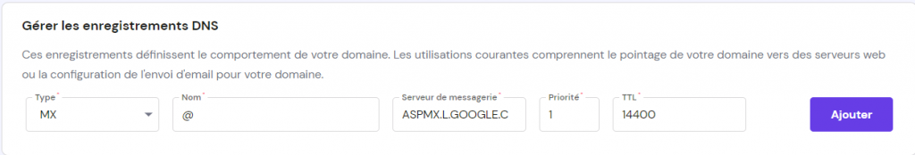 ajouter un enregistrement MX en utilisant les serveurs d' e-mail de Google Workspace