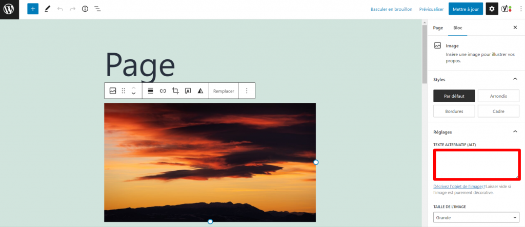 le champ du texte alternatif sur l'éditeur WordPress Gutenberg 