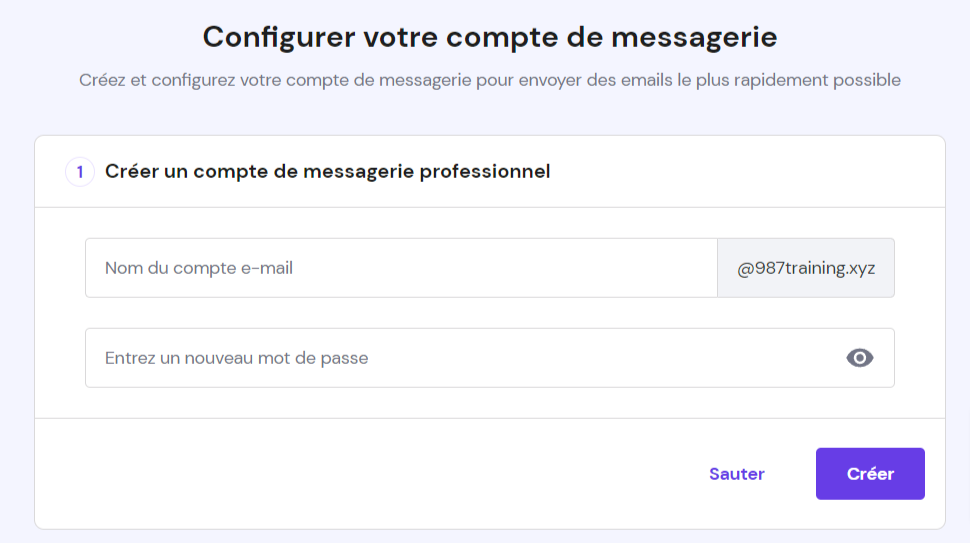 Formulaire de configuration de votre compte de messagerie sur hPanel