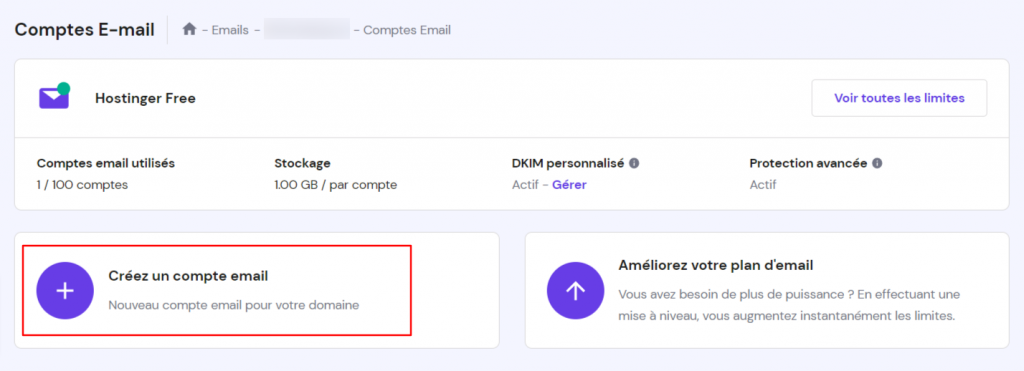 Créer un compte email sur hPanel de Hostinger