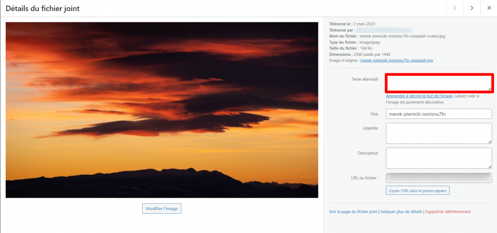 Le champ Texte alternatif dans la fenêtre des détails du fichier joint sur la médiathèque WordPress 