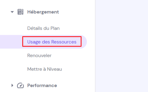 section usage des ressources dans hPanel de Hostinger