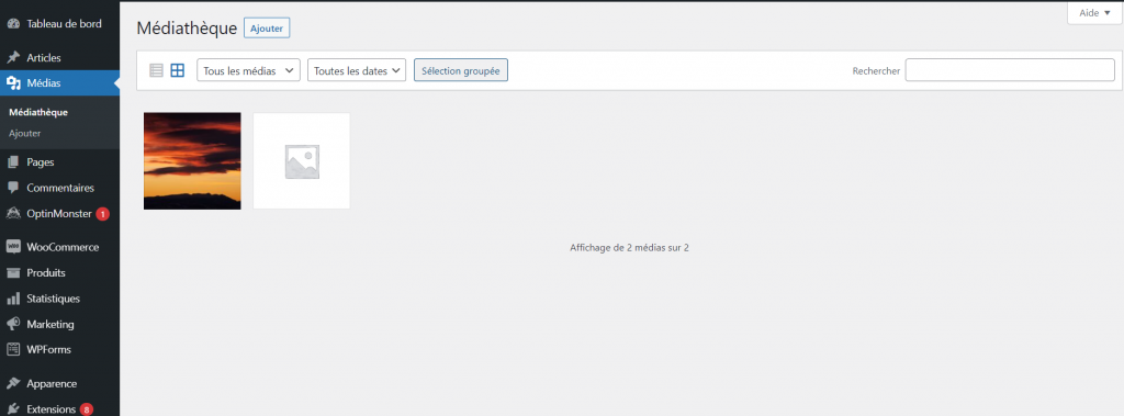 Page de la médiathèque sur le tableau de bord de WordPress 