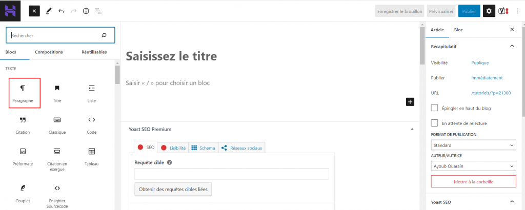 ajouter paragraphe éditeur gutenberg