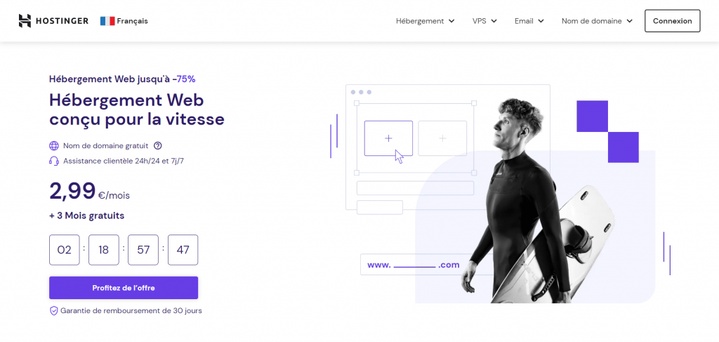 La page d'accueil de Hostinger présentant l'offre d'hébergement web en cours.