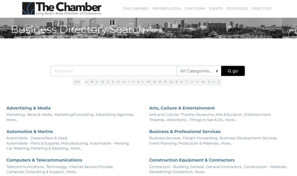 La page de l'annuaire de The Chamber, qui présente toutes les entreprises de la région de Long Beach.