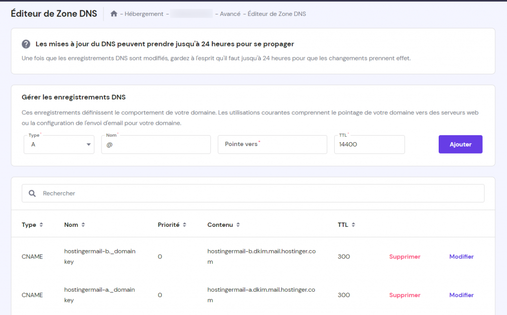 La page de l' éditeur de zone dns hostinger