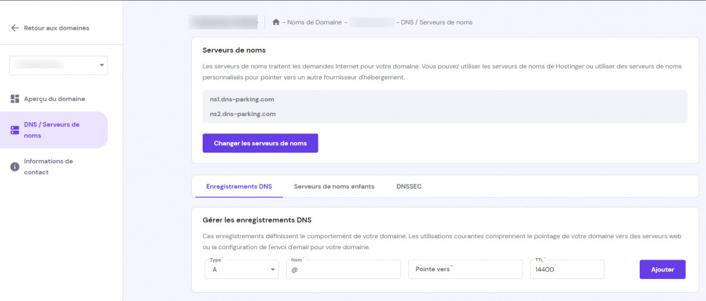 la section DNS/Serveurs de noms sur hPanel