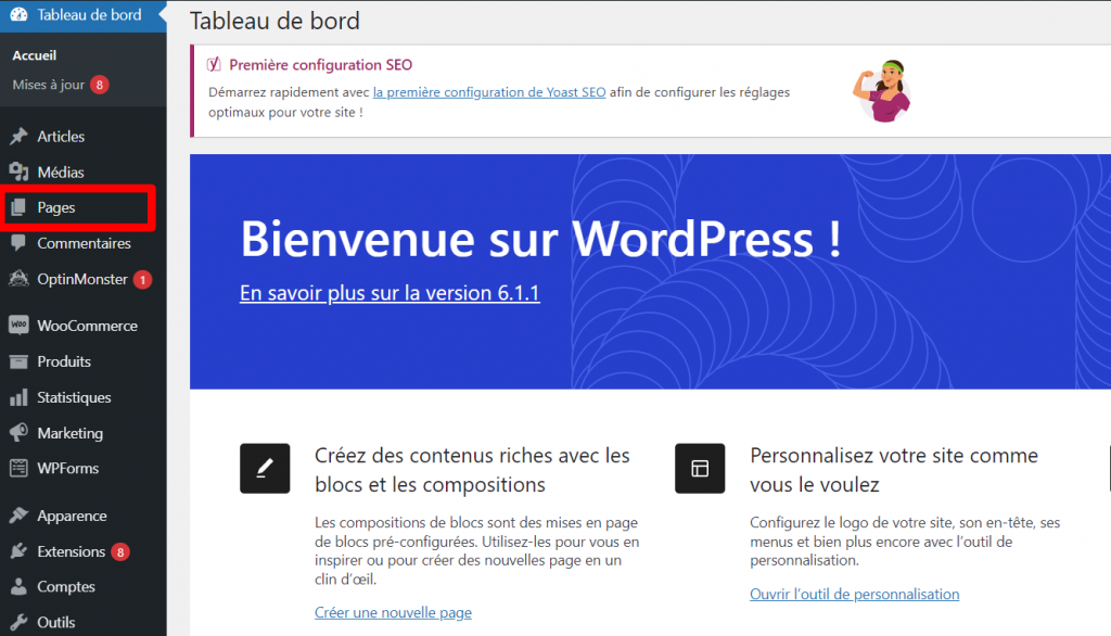 Tableau de bord WordPress avec l'option Pages du menu de navigation.