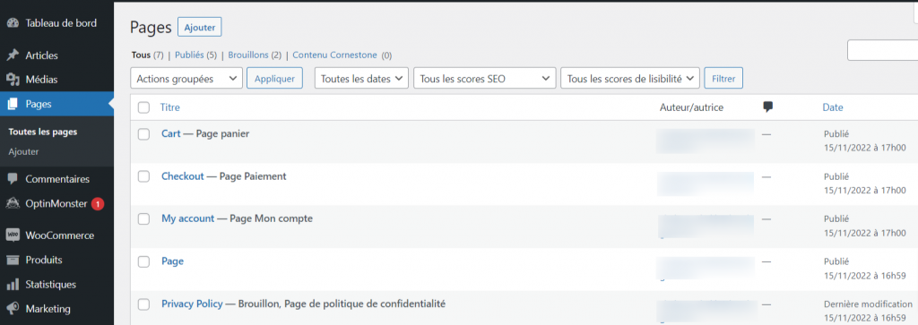 Pages sur le tableau de bord de WordPress