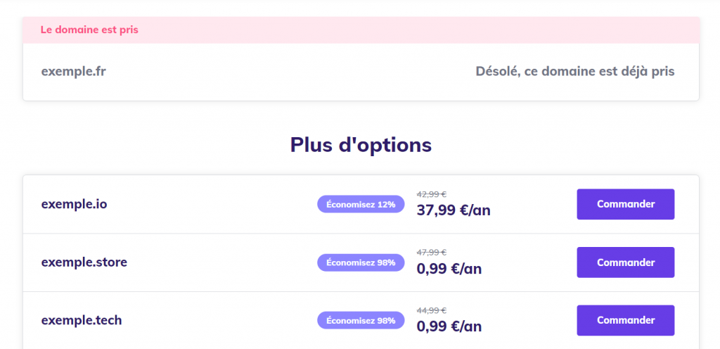 Options de noms de domaine avec différentes extensions et leurs prix