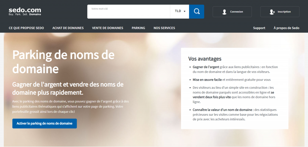 Page du service de parking de domaines de Sedo