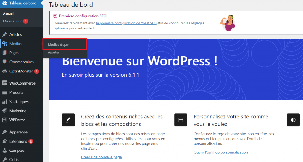 Les options de menu de navigation Média et Médiathèque du tableau de bord de WordPress