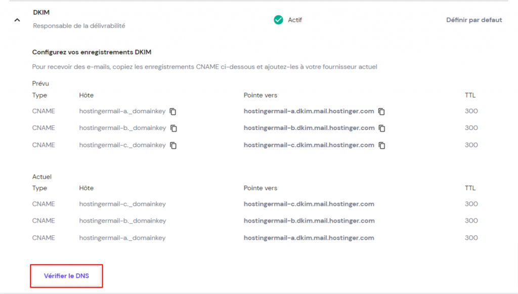 capture montrant la vérification du DNS sous DKIM hPanel de Hostinger