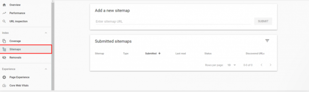 Menu Sitemaps dans Google Search Console