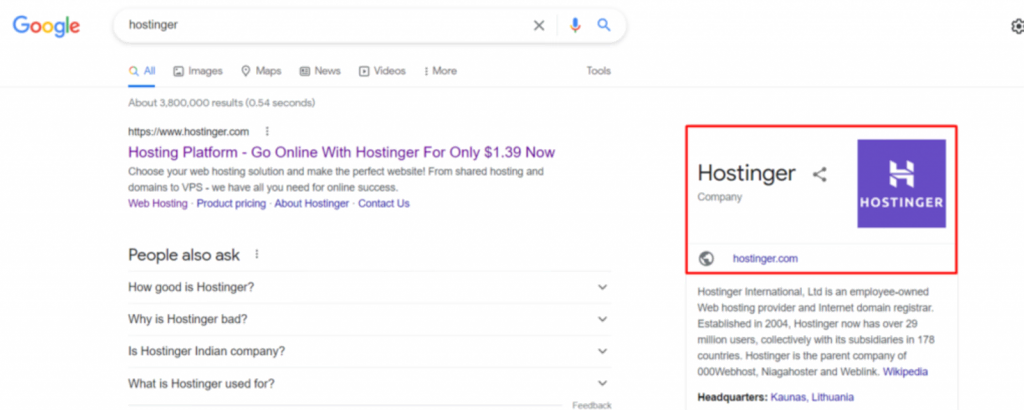 Recherche Google affichant les informations du site Hostinger