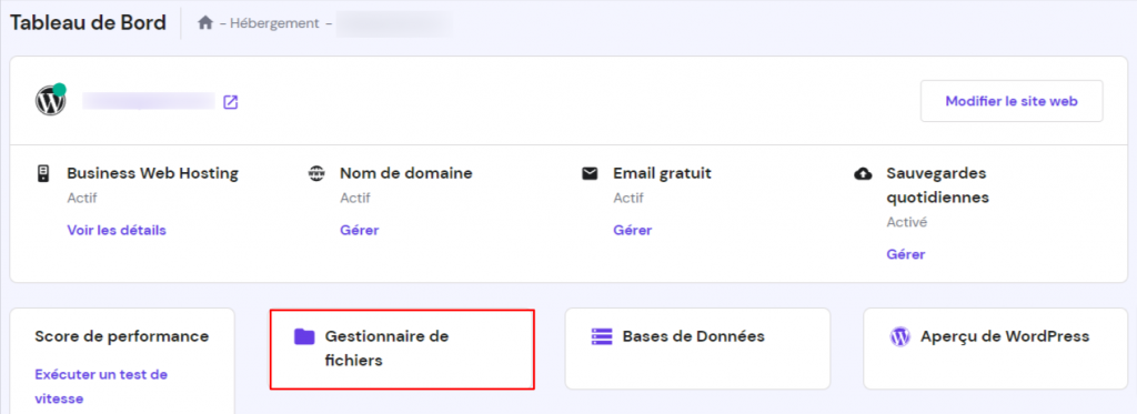 capture d'écran du tableau de bord hPanel avec le gestionnaire de fichiers mis en évidence