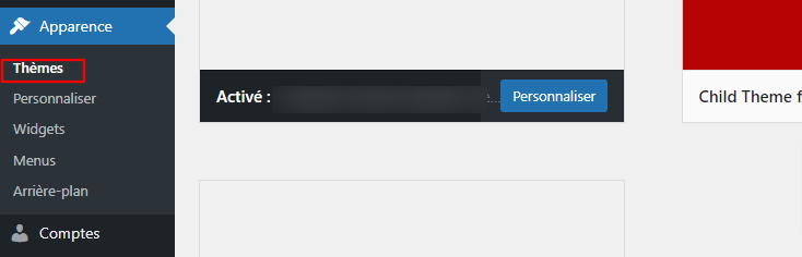 section thèmes dans le tableau de bord wordpress