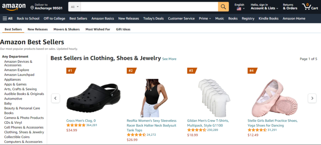 Page des meilleures ventes sur le site Amazon