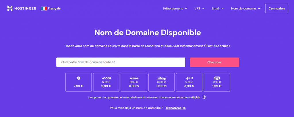 Page du vérificateur de nom de domaine sur le site web d'Hostinger