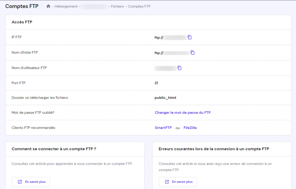 Détails du compte FTP