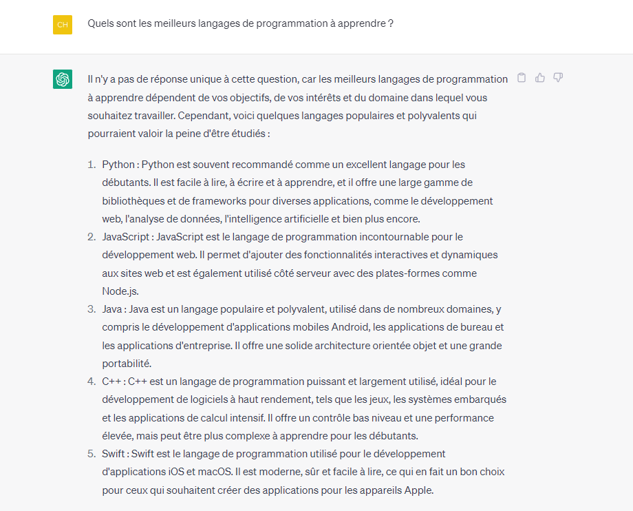 Réponse de ChatGPT sur les meilleurs langages de programmation à apprendre