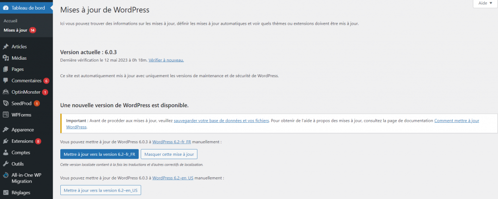Mises à jour de WordPress sur le panneau d'administration