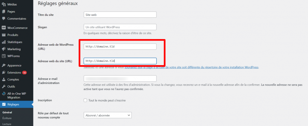 Les champs Adresse de WordPress et Adresse du site sur les réglages généraux de WordPress.