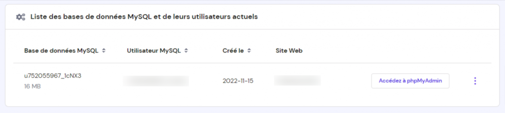 liste des bases de données MySQL actuellement créées sur hPanel