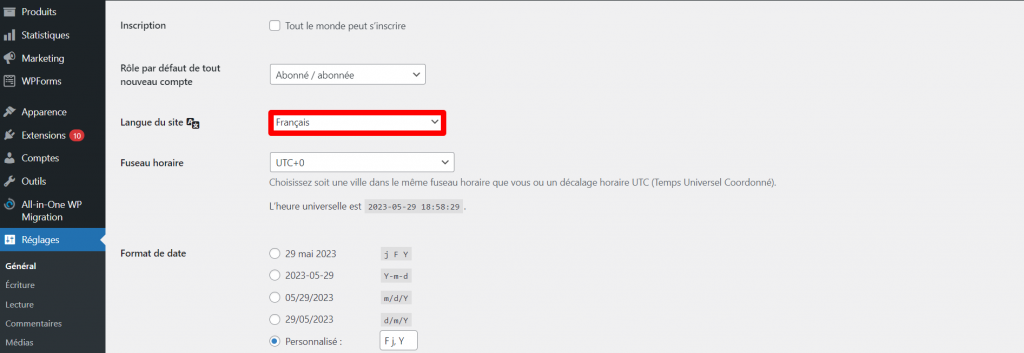 Paramètres de langue de WordPress